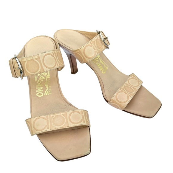 Salvatore Ferragamo Beige Signature Pattern Leather Heeled Buckle Sandal Women’s - Picture 12 of 17